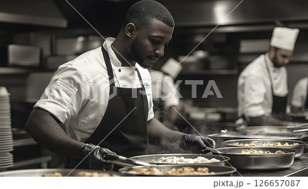 Focused culinary artist skillfully preparing gourmet dishes in a bustling restaurant 126657087