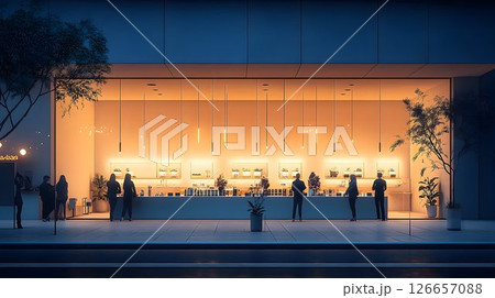 Modern storefront at twilight illuminating urban retail experience 126657088