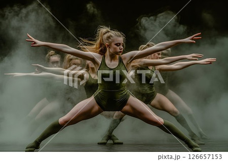 Dynamic sequence: A blonde dancer strikes a bold pose amidst ethereal haze 126657153