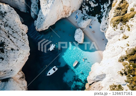 Breathtaking aerial view of a secluded cove with turquoise water and boats Breathtaking aerial view of a secluded cove with turquoise water and boats 126657161