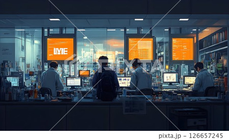 Researchers working in a high tech laboratory with multiple computer screens 126657245
