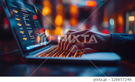Hands Typing Code on Glowing Laptop Keyboard in Night City Environment 126657246