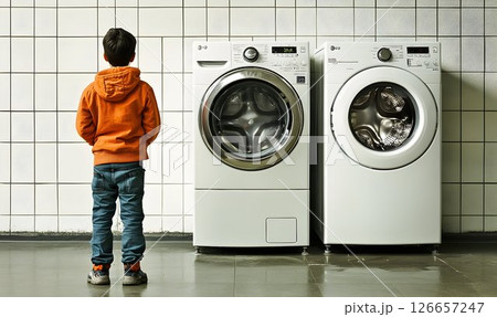 Intrigued youngster observes washing machines in tiled utility room setting 126657247