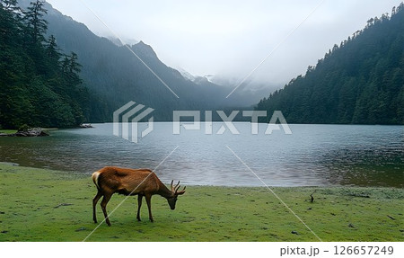 Peaceful Lakeside Scenery with Grazing Deer Surrounded by Misty Mountains 126657249