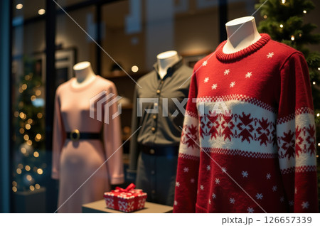 Festive window display with mannequins in cozy holiday attire. AI generation 126657339
