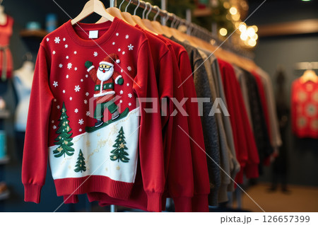 Festive christmas sweaters in clothing store display for seasonal shopping. AI generation 126657399