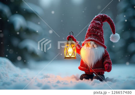 Whimsical christmas gnome holding lantern in snowy winter wonderland. AI generation 126657480