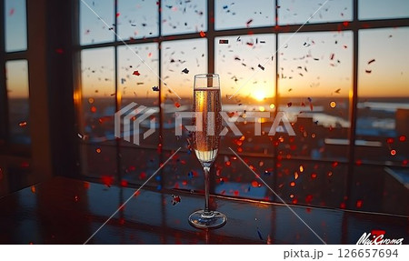 Sparkling champagne toast celebration, confetti shower with cityscape sunset view 126657694