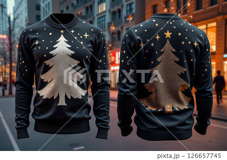 Festive christmas sweater design with gold tree and starry night for holiday fashion. AI generation 126657745