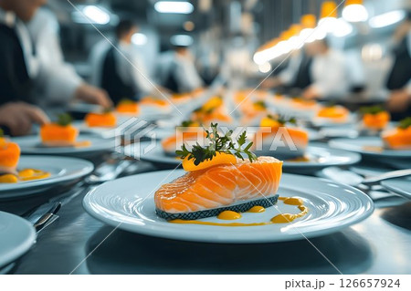 Exquisite culinary artistry, chef preparing salmon dish with artistic touch Exquisite culinary artistry, chef preparing salmon dish with artistic touch 126657924