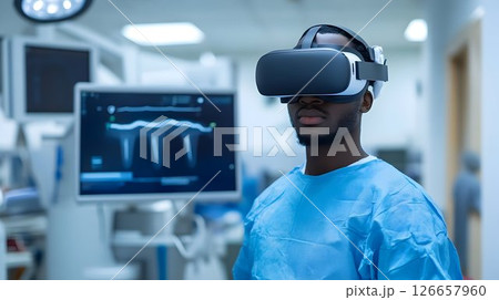Surgeon using virtual reality headset for medical training simulation session 126657960