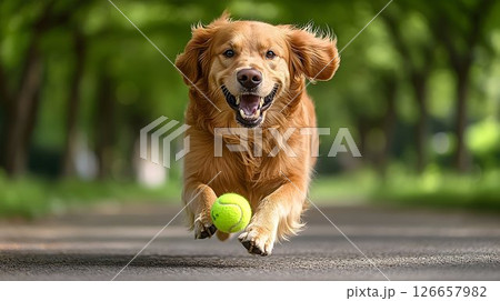 Golden Retriever in mid-air retrieving a tennis ball with park backdrop 126657982
