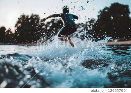 Silhouette of a person mid-jump into water creating a dynamic splash Silhouette of a person mid-jump into water creating a dynamic splash 126657994