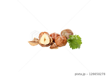 PNG, Hazelnuts, shell and leaf, isolated on white background PNG, Hazelnuts, shell and leaf, isolated on white background 126658278