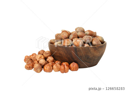 PNG, Whole peeled and unshelled hazelnuts in bowl, isolated on white background PNG, Whole peeled and unshelled hazelnuts in bowl, isolated on white background 126658283