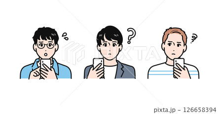 スマホを見て悩む3人の若い男性のシンプルなベクターイラストセット 126658394