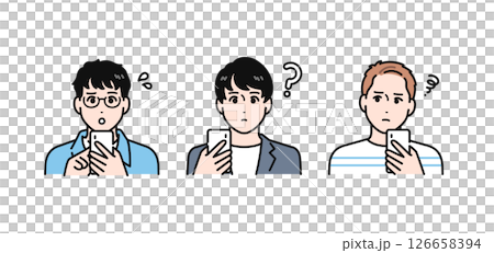 スマホを見て悩む3人の若い男性のシンプルなベクターイラストセット 126658394