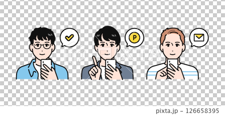 Simple vector illustration set of three casual young men operating smartphones 126658395