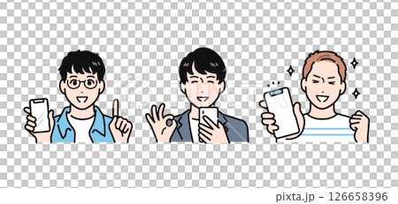 簡單的向量插圖,三個年輕人看著他們的智慧型手機看起來很開心 簡單的向量插圖,三個年輕人看著他們的智慧型手機看起來很開心 126658396