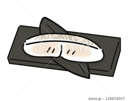 和食の笹の葉と焼き魚の手描きイラスト(黒 和食の笹の葉と焼き魚の手描きイラスト(黒 126658507