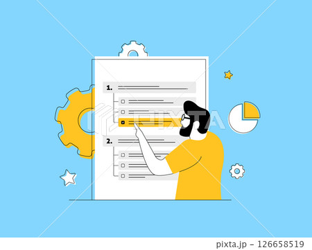 User completing online survey form with checklist, digital feedback form, analytics icons and data visualization elements. User feedback analytics, survey response visualization vector illustration 126658519