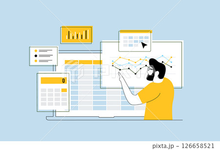 Accounting audit illustration featuring budget calculation tools, profit and loss analysis and financial report data visualization. Ideal for business accounting presentations and reports 126658521