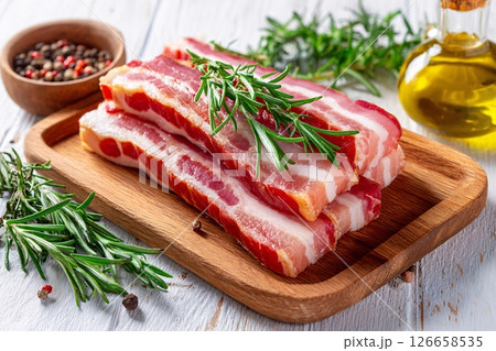 tempting bacon in the rustic corner on a white background, in a clean food photography style 126658535