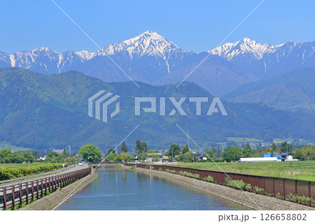 5月の安曇野 拾ヶ堰と北アルプス 5月の安曇野 拾ヶ堰と北アルプス 126658802