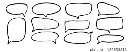 Hand drawn speech bubbles set. Doodled crayon dialog box collection. Sketched textured comic talk frames. Round, square or rectangle balloon text box bundle. Vector chalk pencil chat cloud pack 126658811