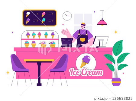 Ice Cream Store Vector Illustration featuring a Building for Selling Delicious Desserts and Various Flavors in a Flat Style Cartoon Background Ice Cream Store Vector Illustration featuring a Building for Selling Delicious Desserts and Various Flavors in a Flat Style Cartoon Background 126658823