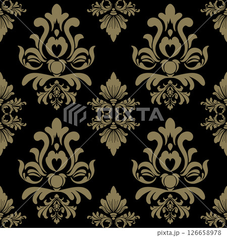 Elegant Damask pattern features intricate gold floral and ornamental motifs on a black background, ideal for luxury interior design, wallpapers, textiles, invitations, and product packaging. 126658978