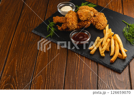 Crispy fried chicken with fries and dips on slate Crispy fried chicken with fries and dips on slate 126659070