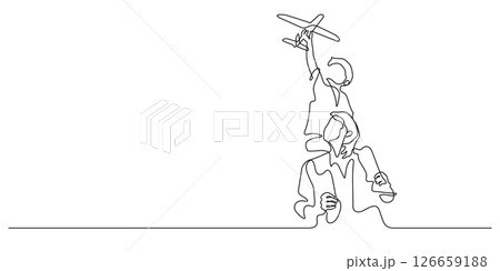 son sitting on father shoulders playing toy plane one line son sitting on father shoulders playing toy plane one line 126659188