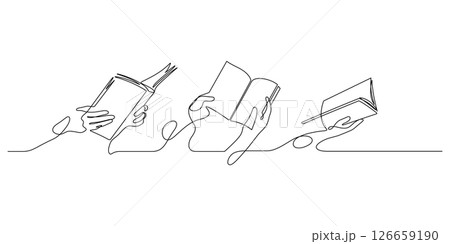 hand holding open book reading one line drawing hand holding open book reading one line drawing 126659190