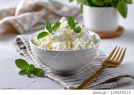 tempting cottage cheese in the industrial corner on a white background 126659215