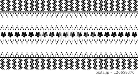 Repeating geometric and floral black and white pattern. Geometric tribal border flowers,diamonds,arrow-like shapes. Suitable for textile prints, backgrounds,wallpaper,graphic design. 126659370