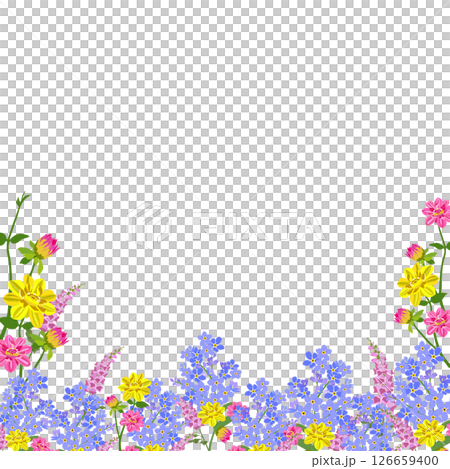 Botanical border of various colorful flowers along the bottom edge on a light blue background with ample copy space. cheerful vibe,Ideal for greeting cards,invitations,spring-themed designs. 126659400
