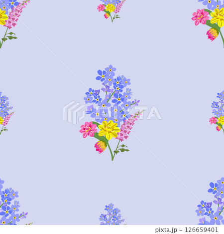 A seamless pattern of small, colorful flower bouquets on a light blue background. the vibrant colors and cheerful vibe suitable for textile, fashion,spring-themed designs. 126659401