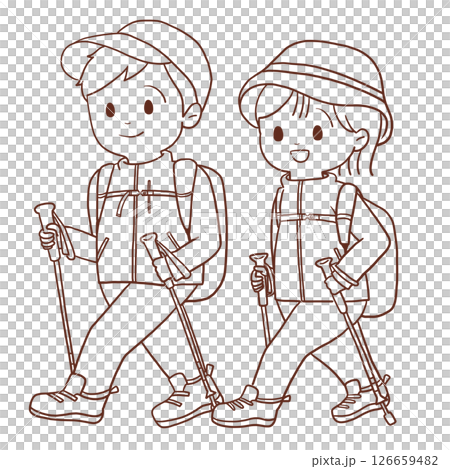 登山する若い男女(線画) 登山する若い男女(線画) 126659482