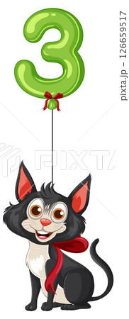 Playful Cat with Green Number Balloon 126659517