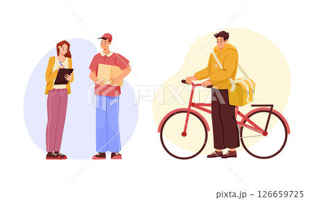 An engaging delivery interaction scene illustrating a bicyclist in a colorful urban setting 126659725