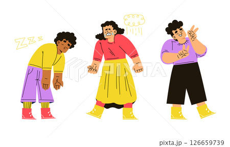 Colorful characters in vibrant outfits showcase individuality with cheerful, playful designs 126659739