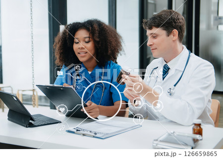 Medical Research Laboratory: Portrait of Two African American Scientists Working, Using Digital Tablet, Analyzing Samples, Talking. for Medicine, Biotechnology with VR icon 126659865
