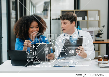 Medical Research Laboratory: Portrait of Two African American Scientists Working, Using Digital Tablet, Analyzing Samples, Talking. for Medicine, Biotechnology with VR icon Medical Research Laboratory: Portrait of Two African American Scientists Working, Using Digital Tablet, Analyzing Samples, Talking. for Medicine, Biotechnology with VR icon 126659870