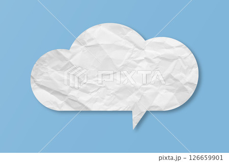 White speech bubble crumpled paper isolated on light blue background White speech bubble crumpled paper isolated on light blue background 126659901