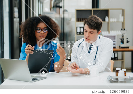 Medical Research Laboratory: Portrait of Two African American Scientists Working, Using Digital Tablet, Analyzing Samples, Talking. for Medicine, Biotechnology with VR icon 126659985
