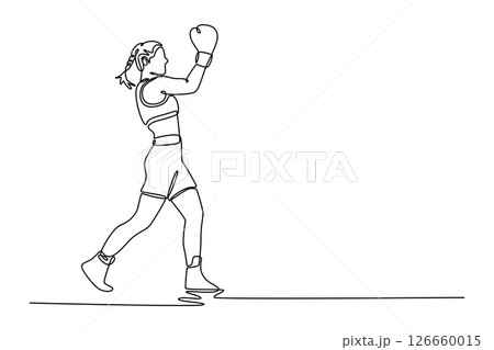 Continuous one line drawing determined active woman with sweating strong body practicing uppercut punch. Boxing athlete in motion, body, strength. Single line draw design vector graphic illustration 126660015