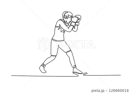 Continuous one line drawing beauty woman boxer covering face for defending her self during fight on boxing ring. Female fighter practicing at gym. Single line draw design vector graphic illustration 126660018