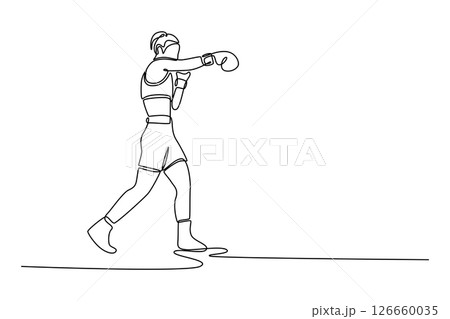 Single one line drawing aggressive female boxer performs jab punch exercise with her hands covered boxing gloves. Health, sport, motion. Modern continuous line draw design graphic vector illustration 126660035