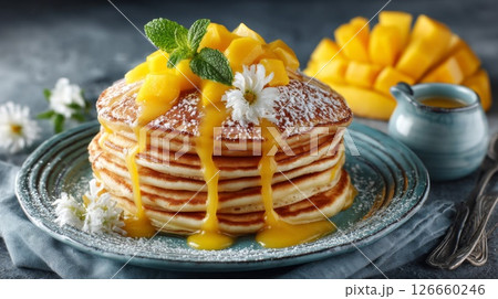 Delicious Mango Pancakes with Mint and Flowers Delicious Mango Pancakes with Mint and Flowers 126660246